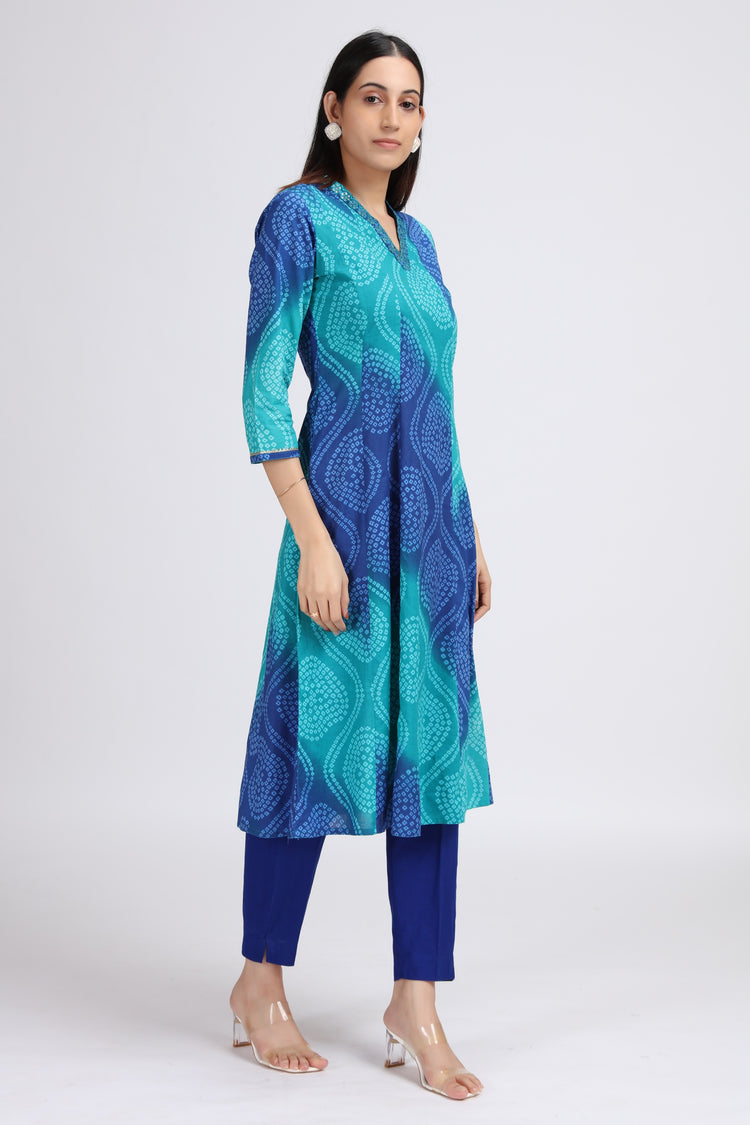 Blue Cotton Bandhani Digital Print A Line Kurta