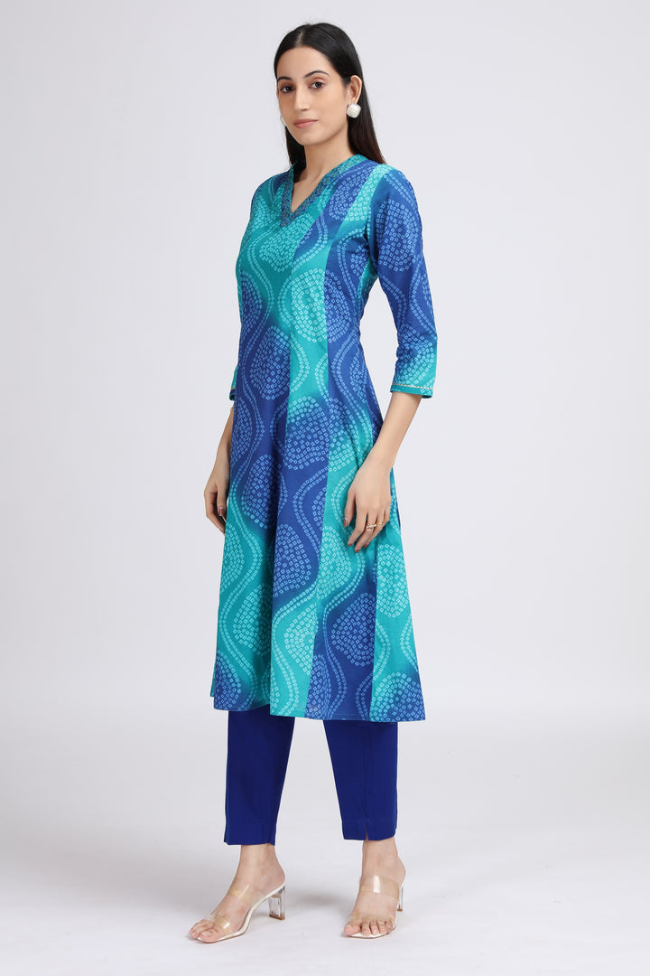 Blue Cotton Bandhani Digital Print A Line Kurta
