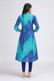 Blue Cotton Bandhani Digital Print A Line Kurta