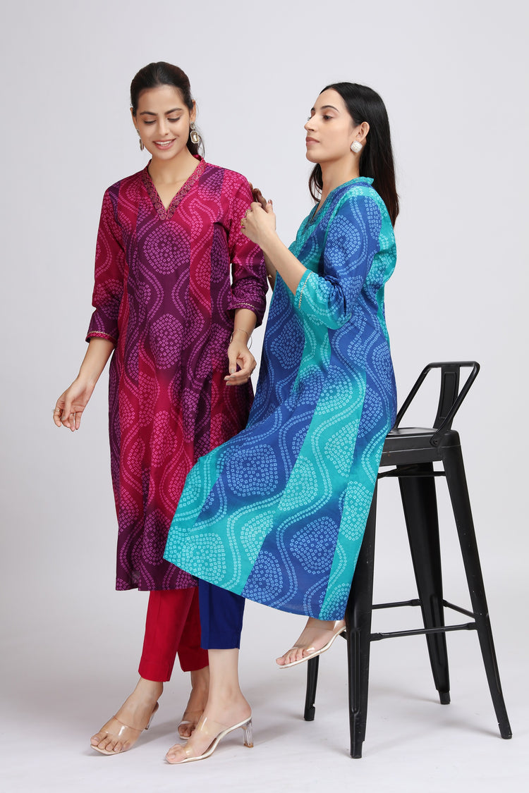 Blue Cotton Bandhani Digital Print A Line Kurta