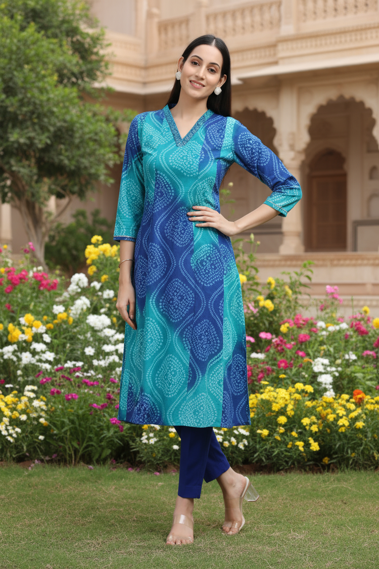 Blue Cotton Bandhani Digital Print A Line Kurta