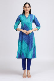 Blue Cotton Bandhani Digital Print A Line Kurta