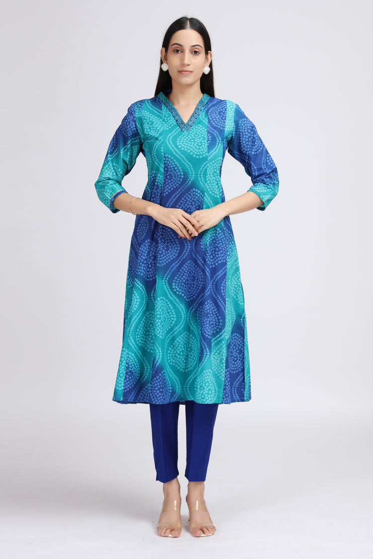 Blue Cotton Bandhani Digital Print A Line Kurta