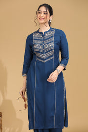 Blue Embroidered Straight Co ord Set