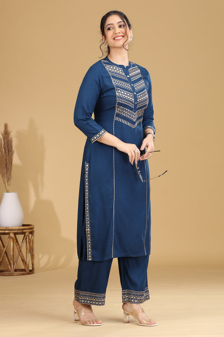 Blue Embroidered Straight Co ord Set