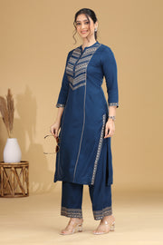 Blue Embroidered Straight Co ord Set