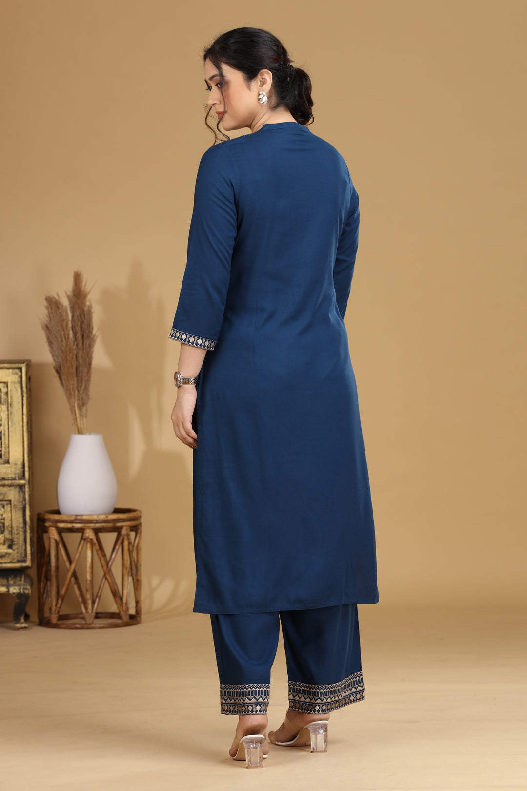 Blue Embroidered Straight Co ord Set