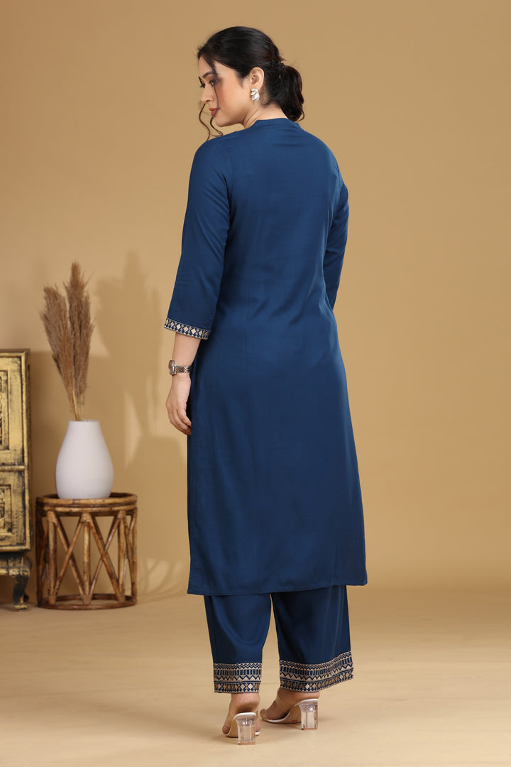 Blue Embroidered Straight Co ord Set