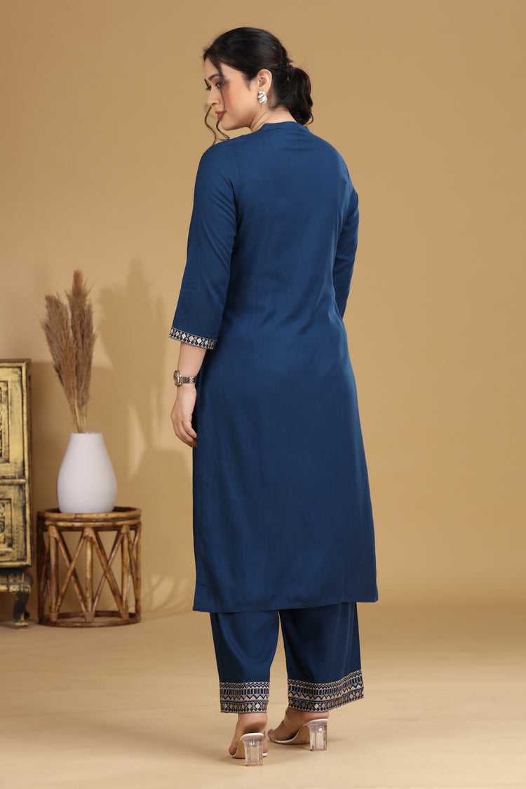 Blue Embroidered Straight Co ord Set