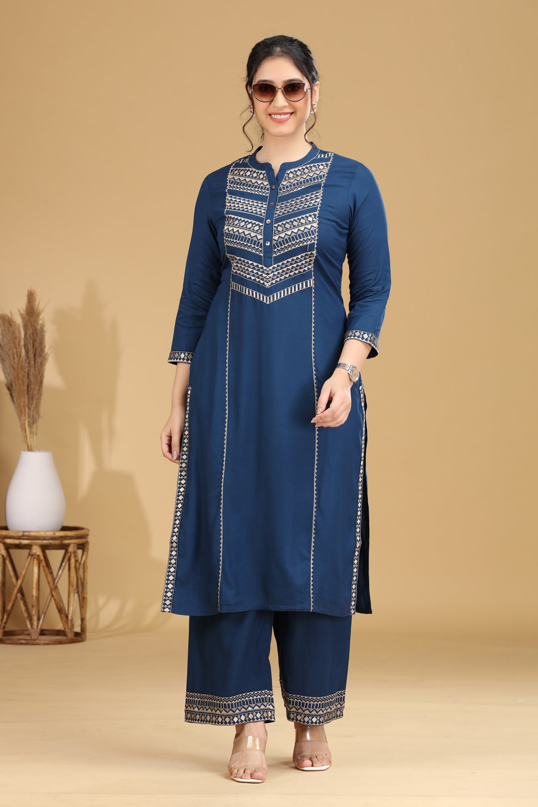Blue Embroidered Straight Co ord Set