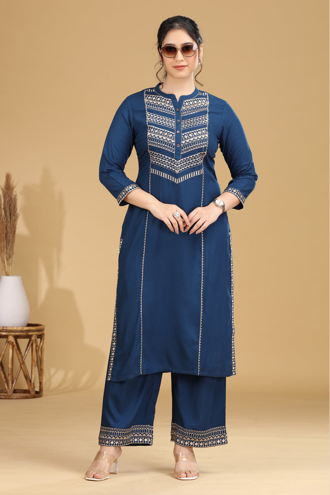 Blue Embroidered Straight Co ord Set