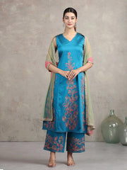 Blue Floral Embroidered A-Line Co-ord Set