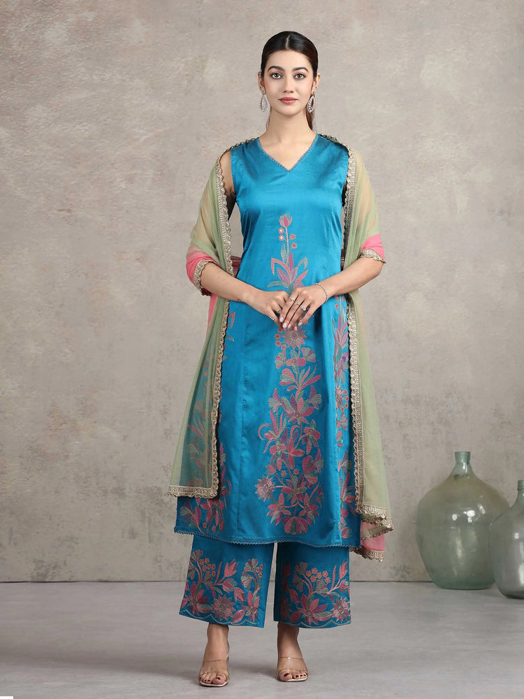 Blue Floral Embroidered A-Line Co-ord Set