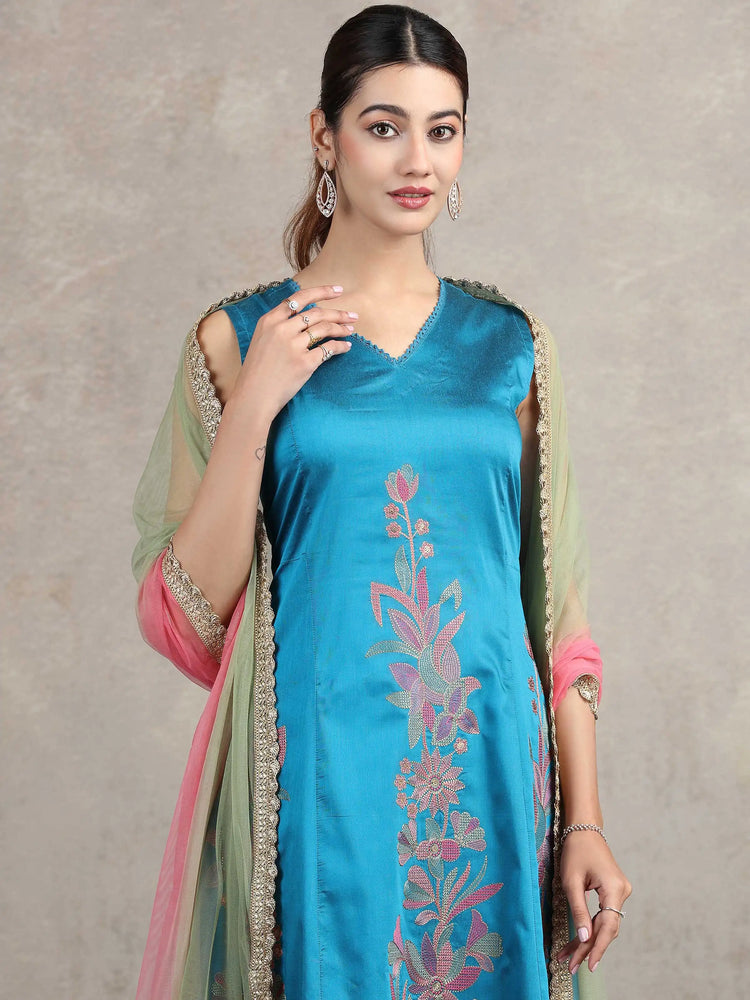 Blue Floral Embroidered A-Line Co-ord Set