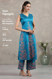 Blue Floral Embroidered A-Line Co-ord Set
