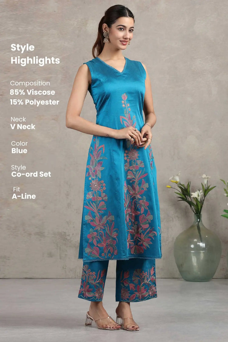 Blue Floral Embroidered A-Line Co-ord Set