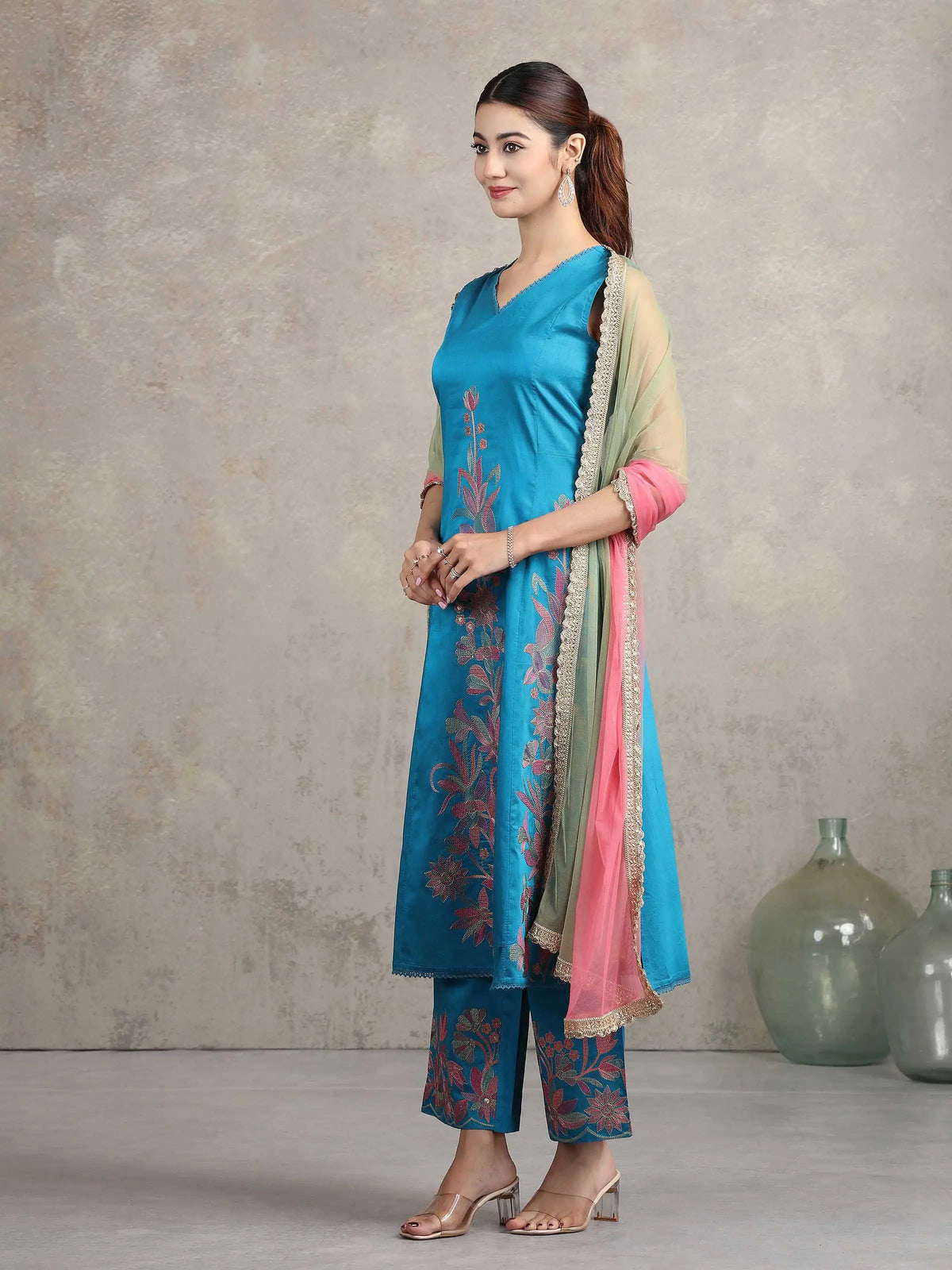 Blue Floral Embroidered A-Line Co-ord Set