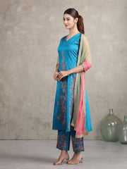 Blue Floral Embroidered A-Line Co-ord Set