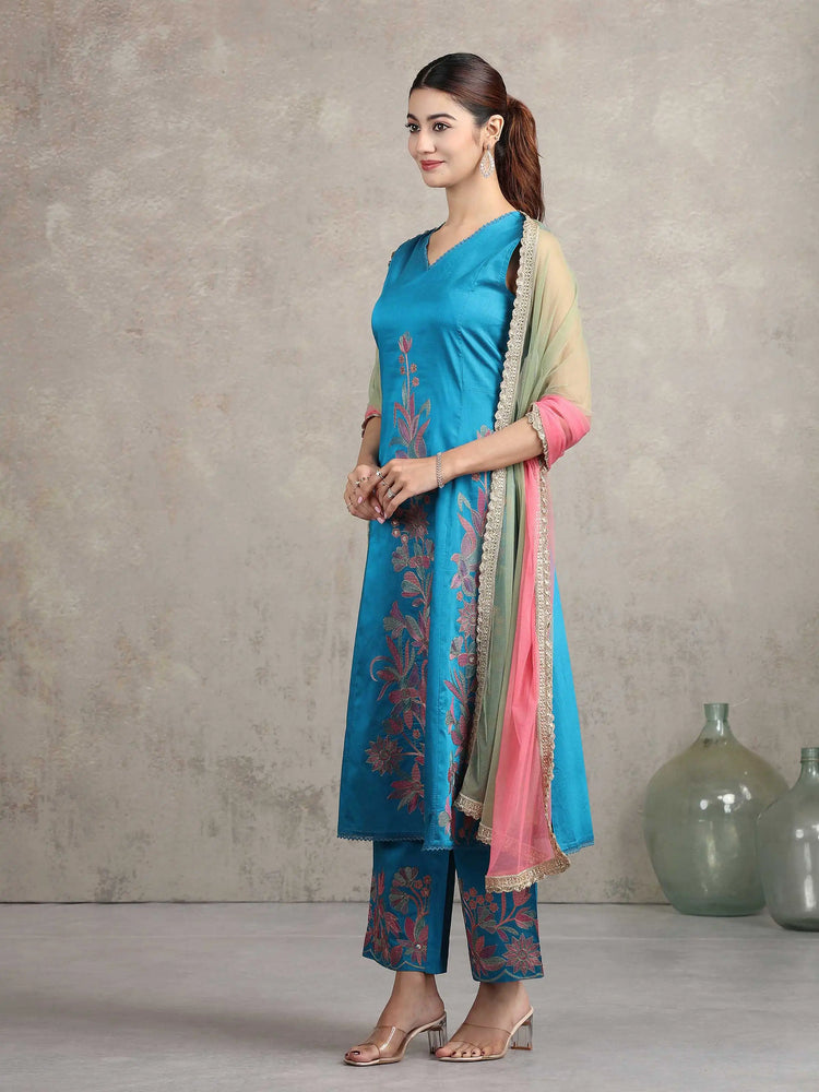 Blue Floral Embroidered A-Line Co-ord Set