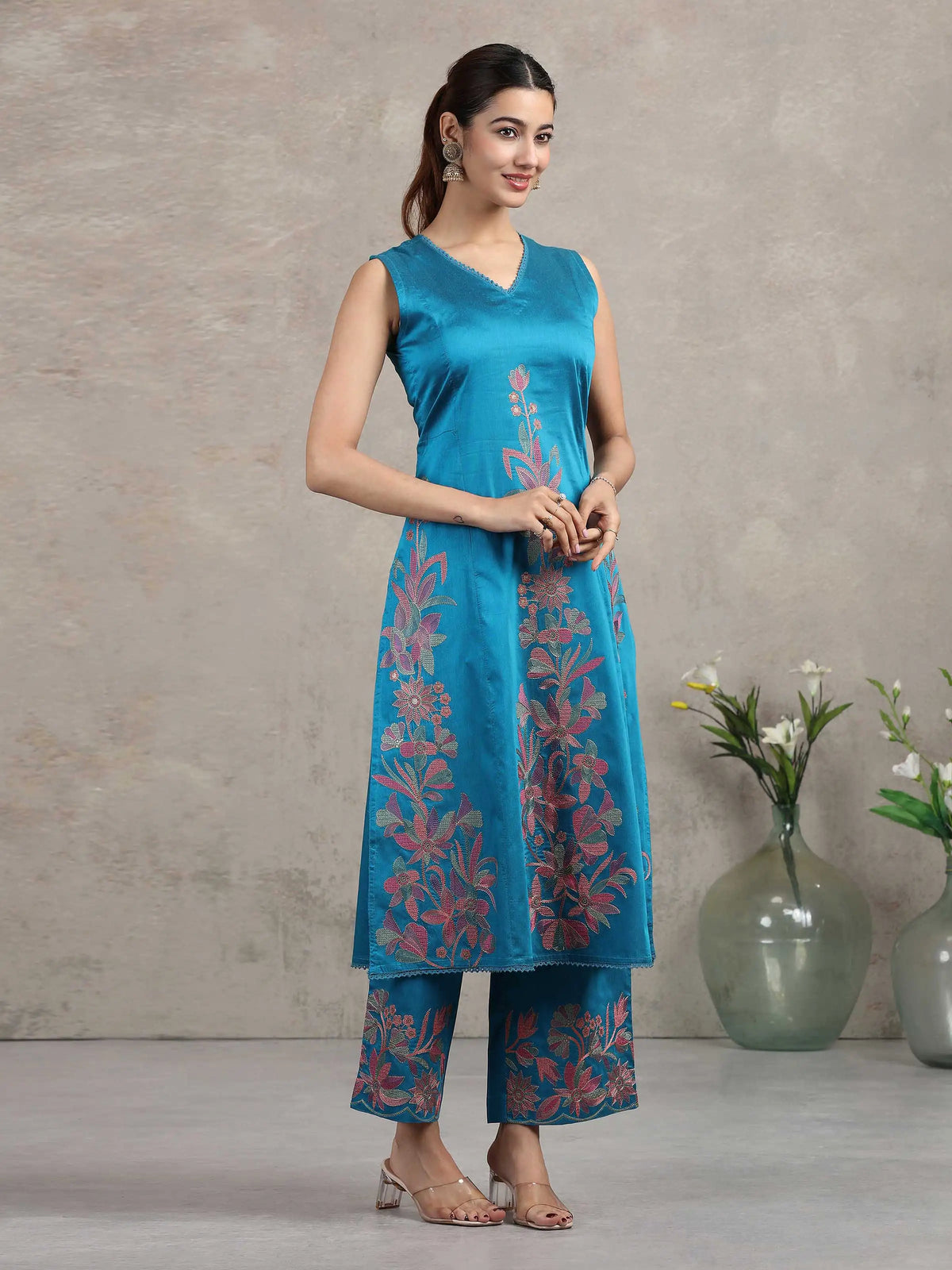 Blue Floral Embroidered A-Line Co-ord Set