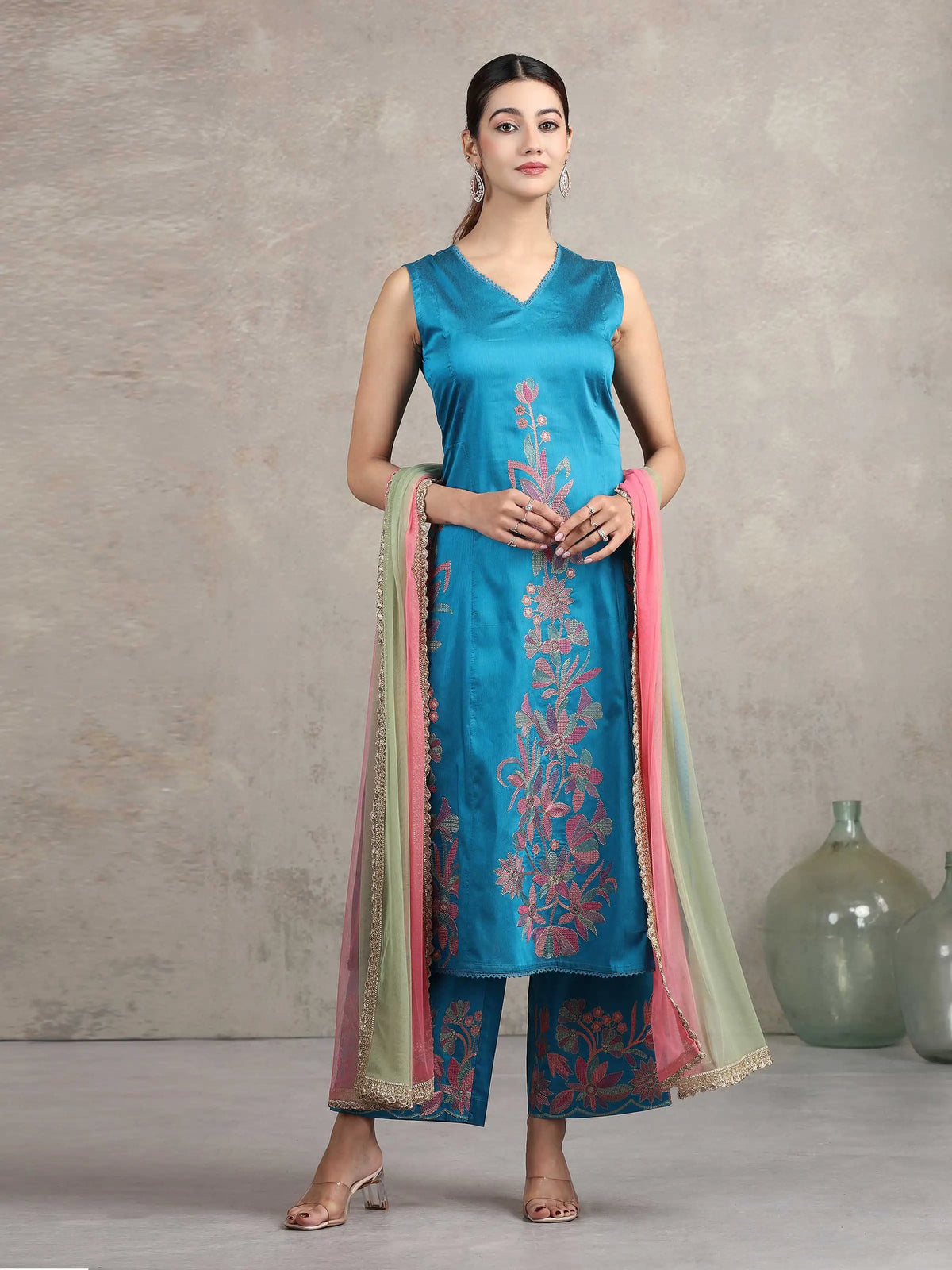 Blue Floral Embroidered A-Line Co-ord Set
