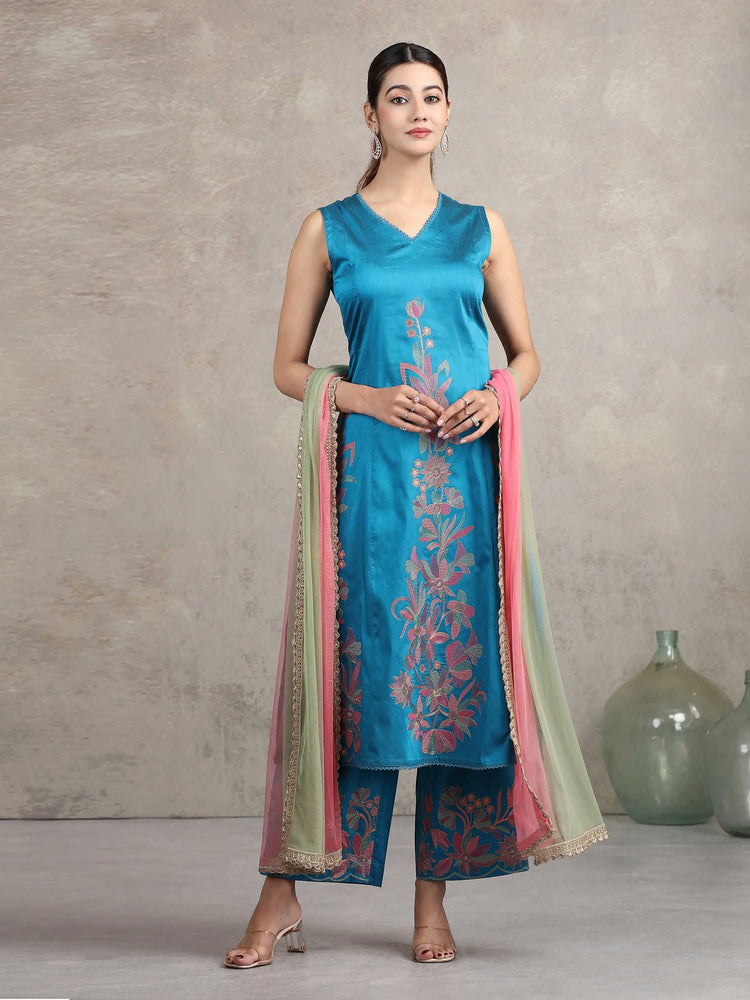 Blue Floral Embroidered A-Line Co-ord Set