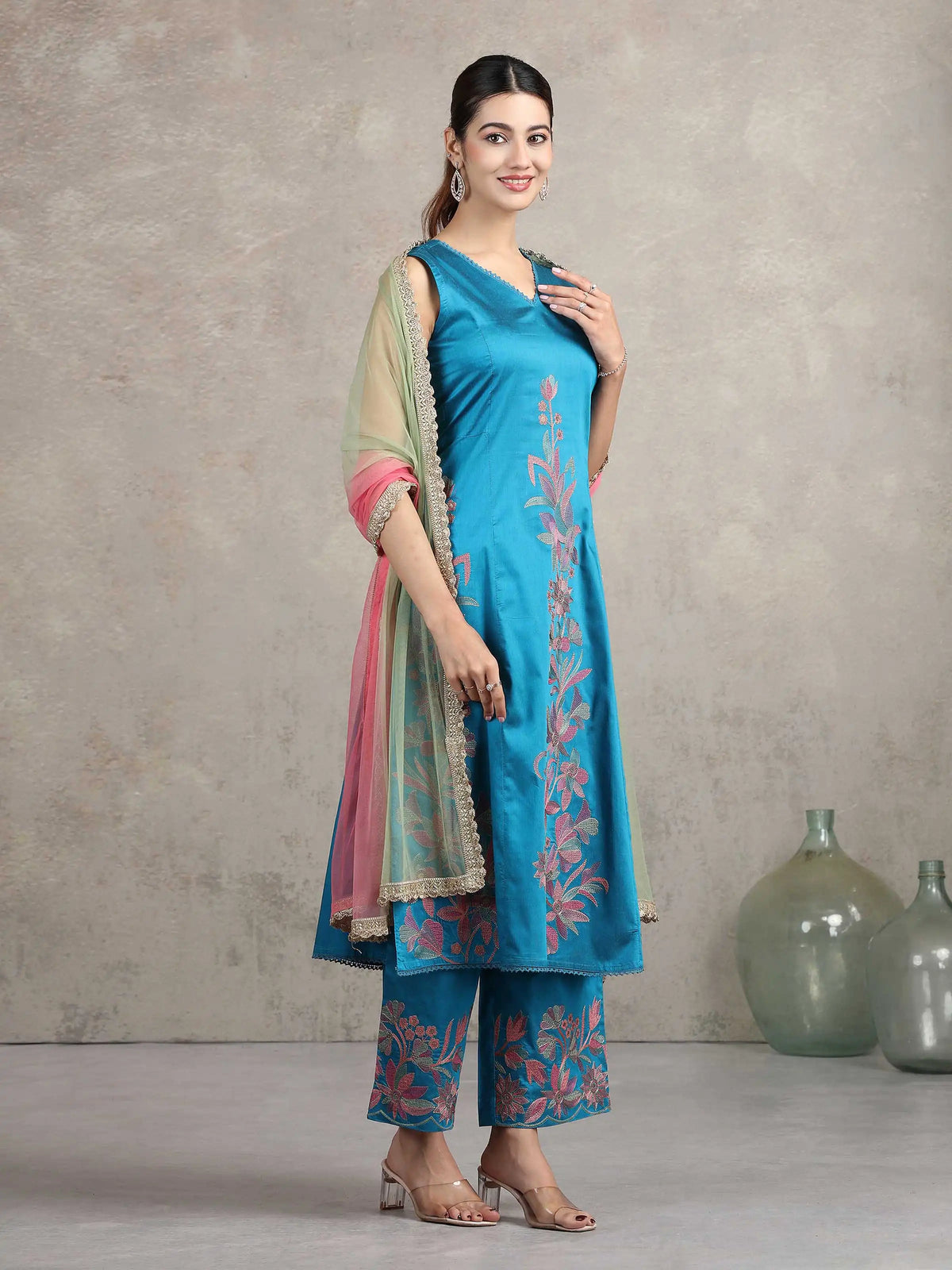 Blue Floral Embroidered A-Line Co-ord Set