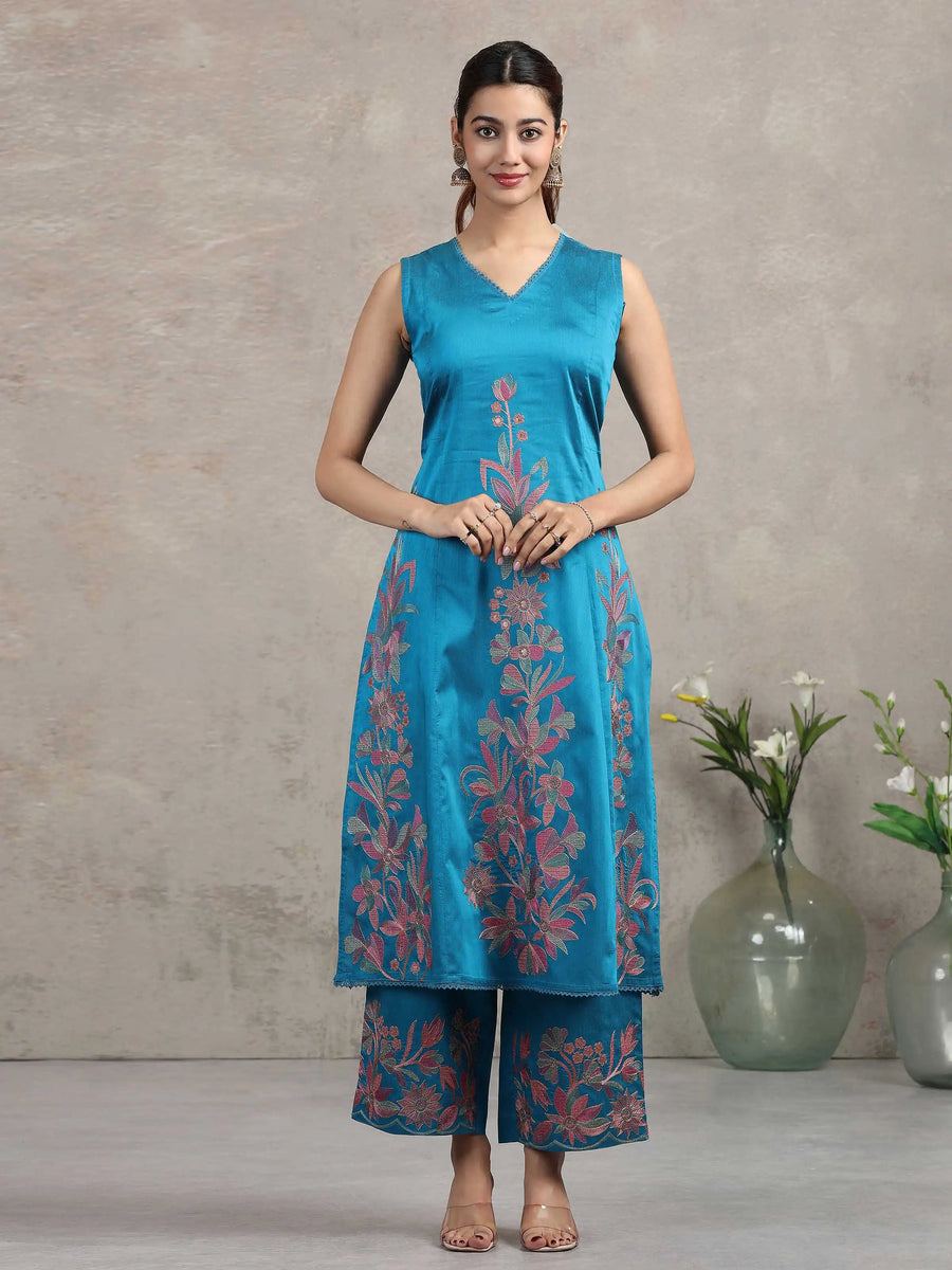 Blue Floral Embroidered A-Line Co-ord Set