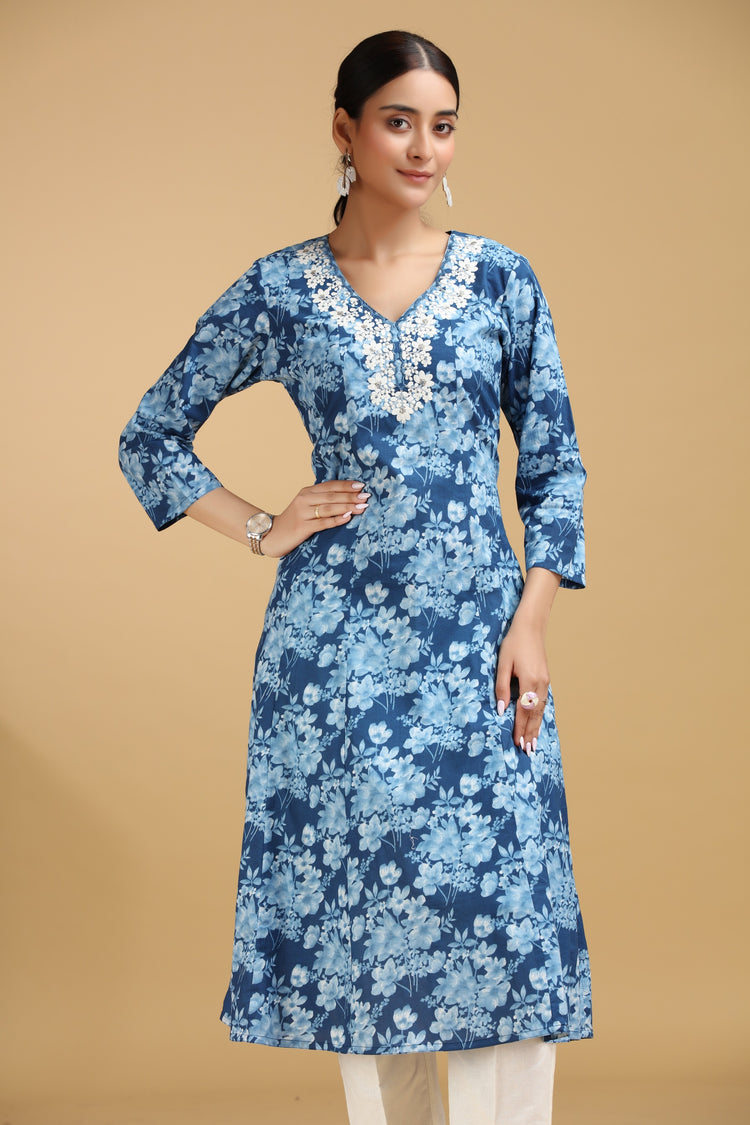 Blue Floral Embroidered Cotton A-Line Kurta