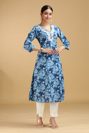 Blue Floral Embroidered Cotton A-Line Kurta