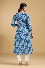 Blue Floral Embroidered Cotton A-Line Kurta