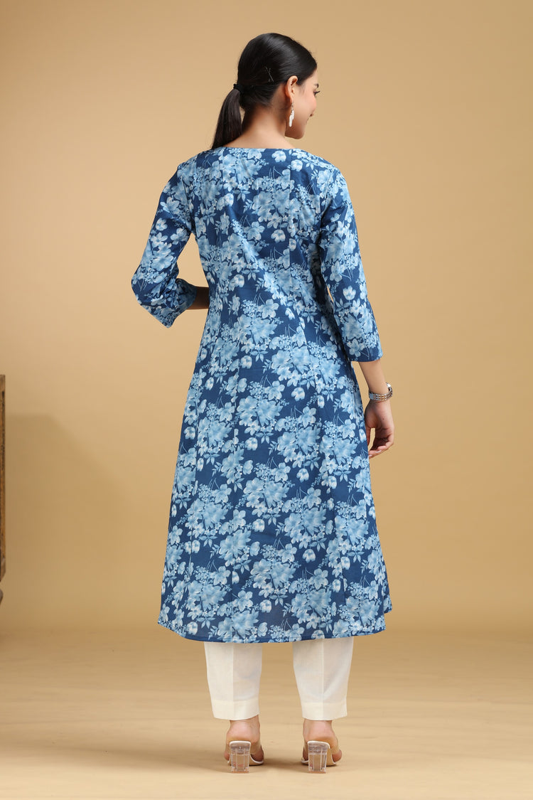 Blue Floral Embroidered Cotton A-Line Kurta