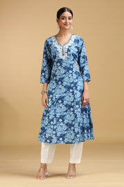 Blue Floral Embroidered Cotton A-Line Kurta