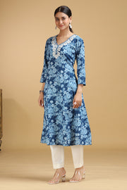 Blue Floral Embroidered Cotton A-Line Kurta
