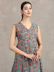 Blue Floral Printed A-Line Kurta