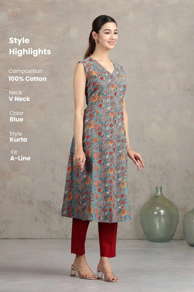 Blue Floral Printed A-Line Kurta