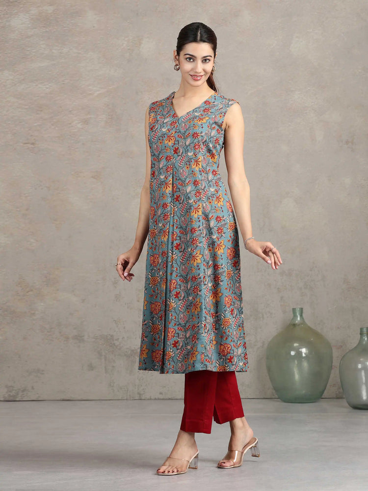 Blue Floral Printed A-Line Kurta