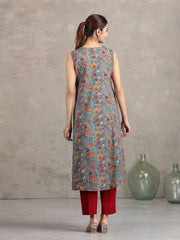 Blue Floral Printed A-Line Kurta