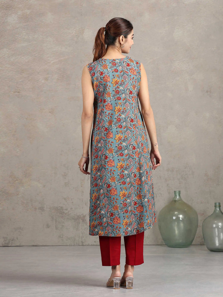 Blue Floral Printed A-Line Kurta
