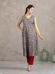 Blue Floral Printed A-Line Kurta