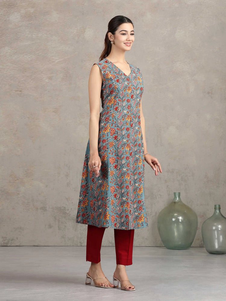 Blue Floral Printed A-Line Kurta