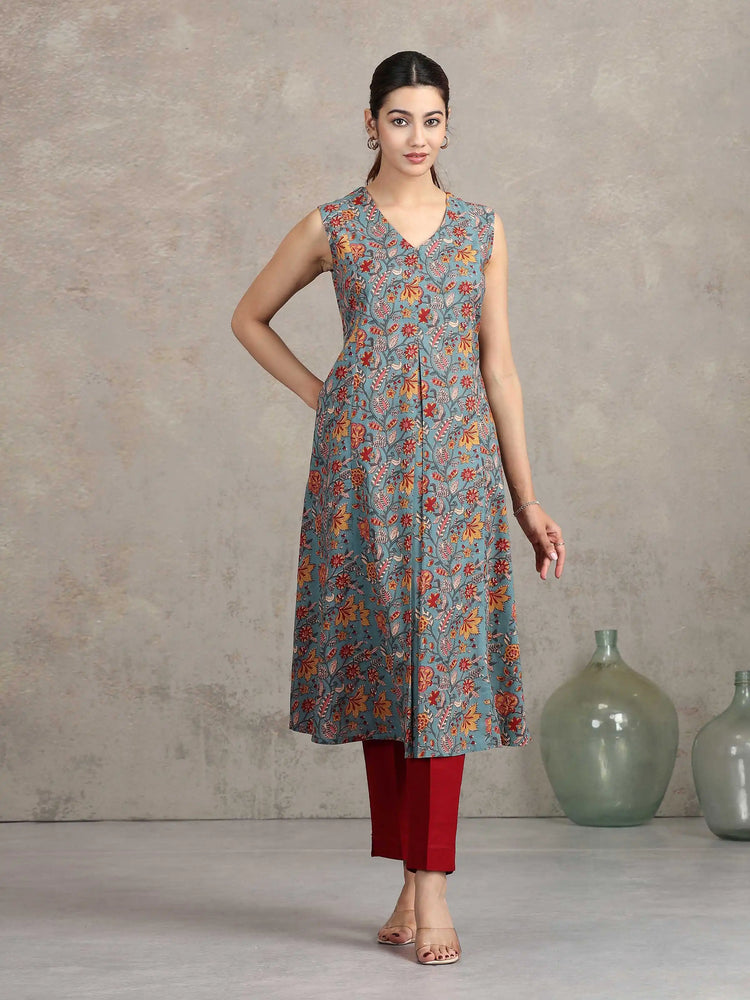 Blue Floral Printed A-Line Kurta