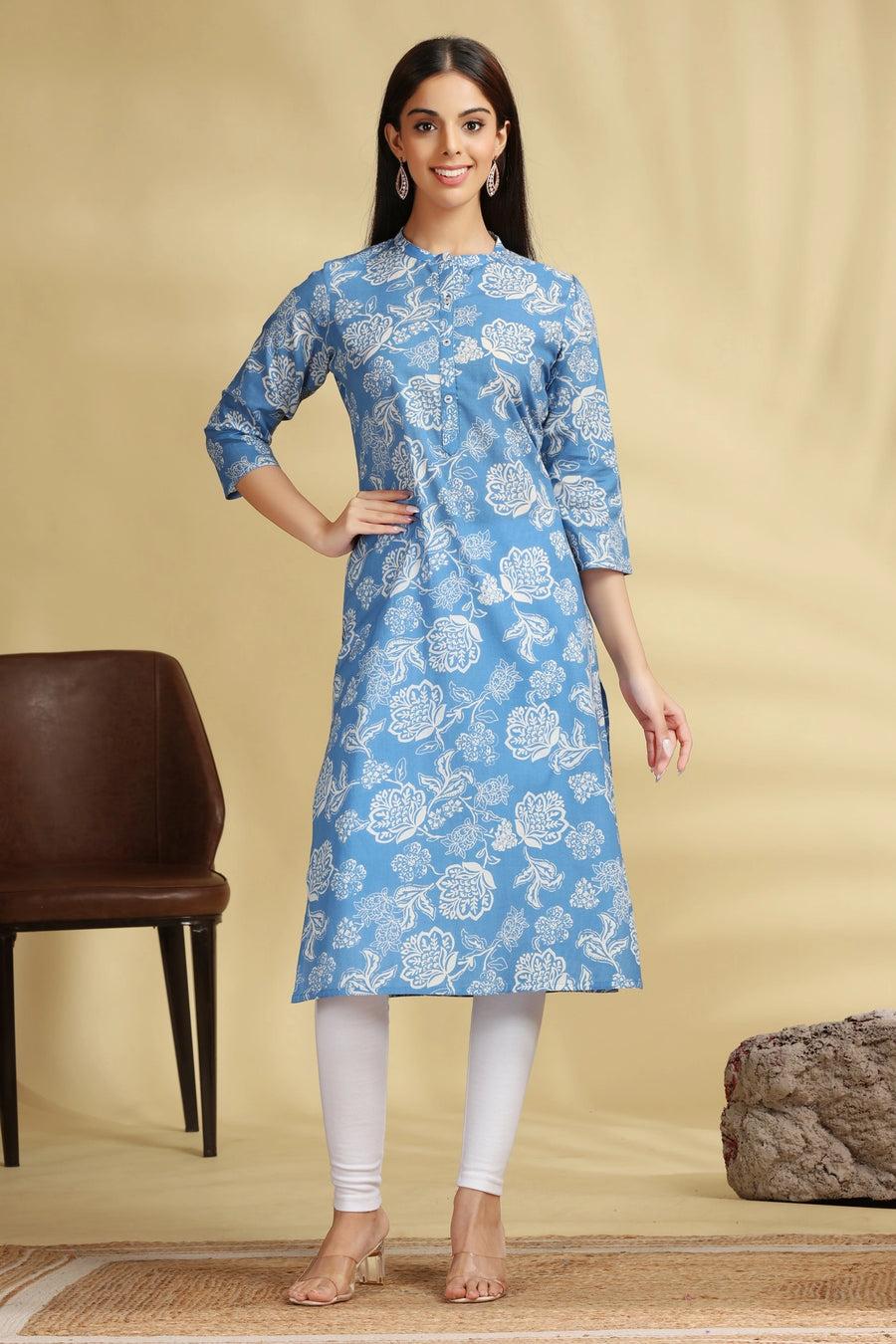 Blue Floral Printed Cotton Straight Kurta