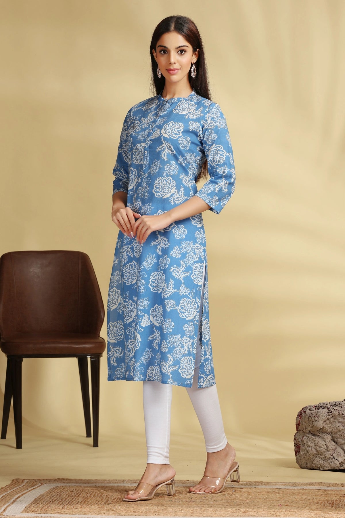 Blue Floral Printed Cotton Straight Kurta for women