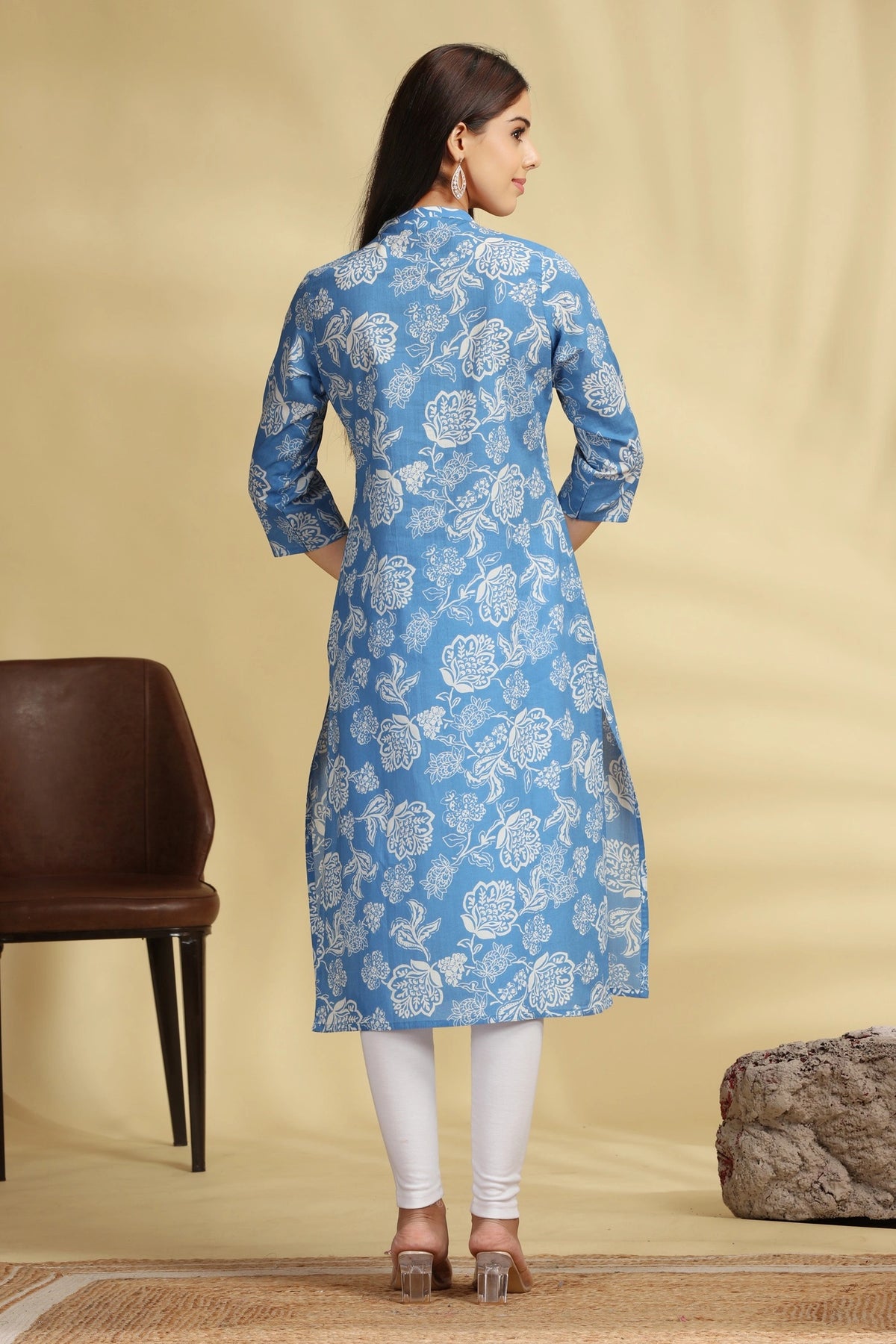 Blue Floral Printed Cotton Straight Kurta for women
