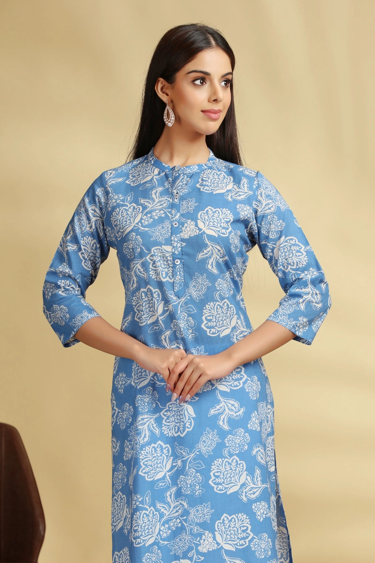 Blue Floral Printed Cotton Straight Kurta for women