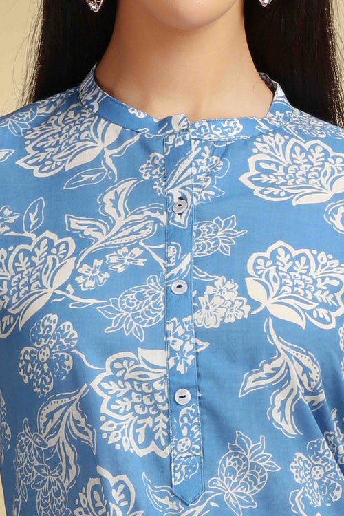 Blue Floral Printed Cotton Straight Kurta for women