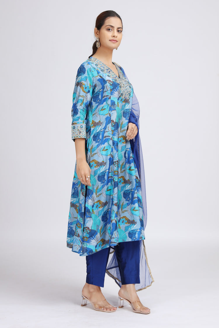 Blue Muslin Viscose Embroidered Straight Kurta Pant and Dupatta Suit Set