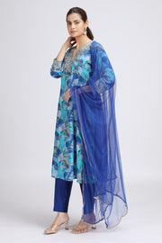 Blue Muslin Viscose Embroidered Straight Kurta Pant and Dupatta Suit Set