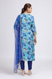 Blue Muslin Viscose Embroidered Straight Kurta Pant and Dupatta Suit Set